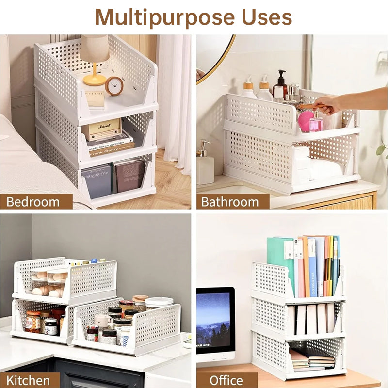 4 Pack Stackable & Foldable Closet Storage Bins - Plastic Drawer Organizers with Sliding Rails