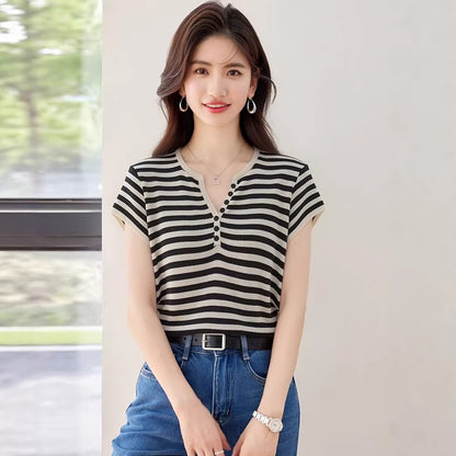 Women's Striped Knitted Short Sleeve Top - Chic Slim Fit V-Neck Shirt