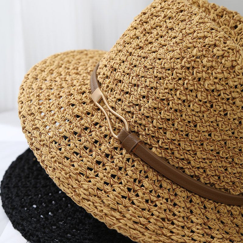 Ladies' Straw Fedora Sun Hat with Leather Band | Wide Brim Summer UV Protection
