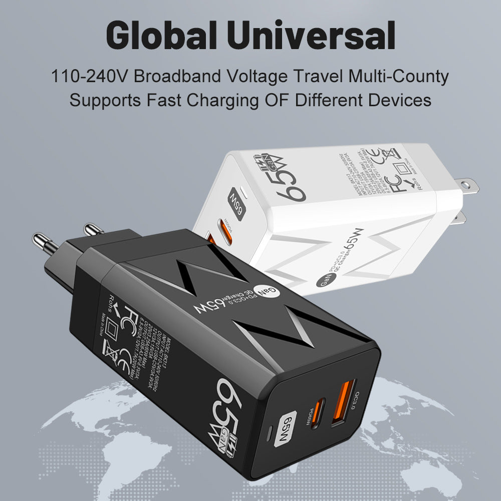 65W GaN Fast Charging Head - Universal Global Travel Wall Charger with US, EU & UK Plugs