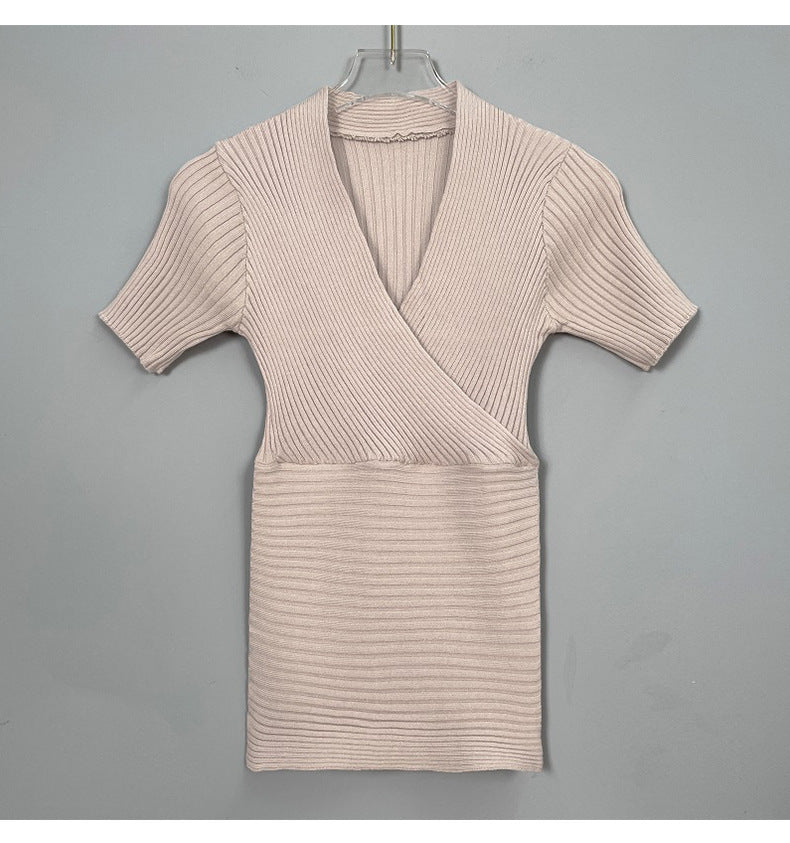 Chic V-Neck Ribbed Knit Short Sleeve Wrap Top