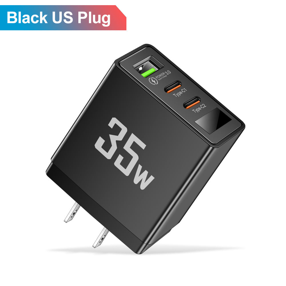 35W 3-Port Fast Wall Charger - 1 USB & 2 Type-C Intelligent Digital Display Power Adapter