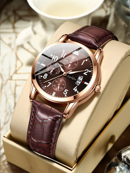 Waterproof Analog Men's Watch (Student/Casual) with Black Dial and Leather Band