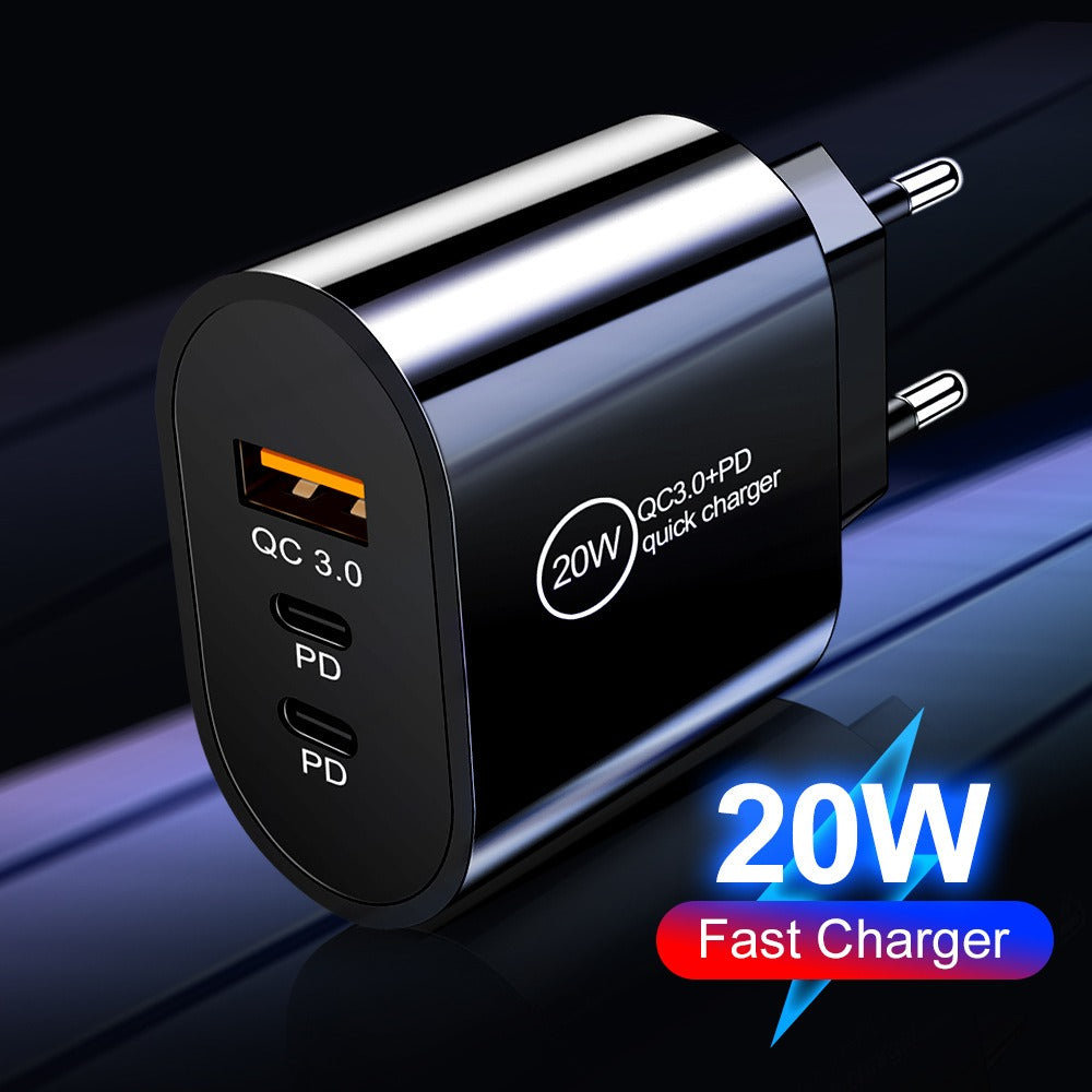 20W USB & Dual PD Type-C Fast Wall Charger - Multi-Port Universal Travel Charging Adapter