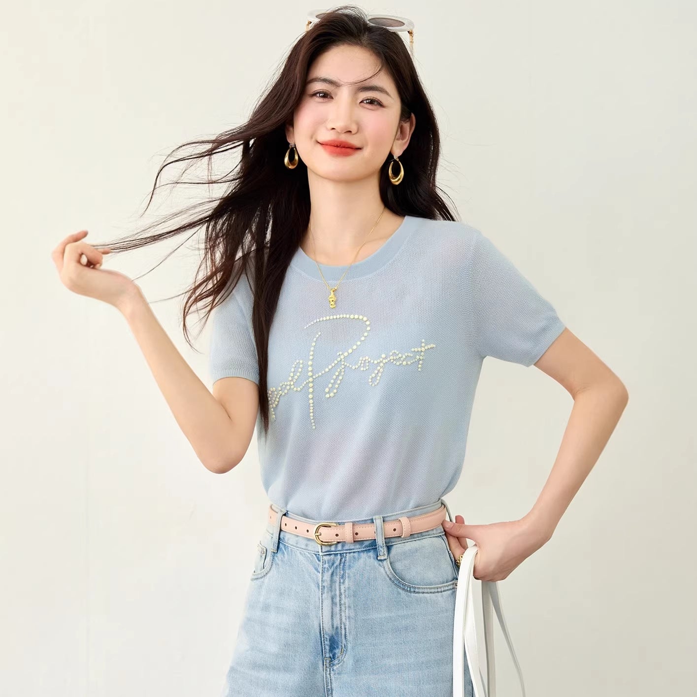 Women's Elegant Beaded Lettering Knit Top - Chic Casual Summer Tee