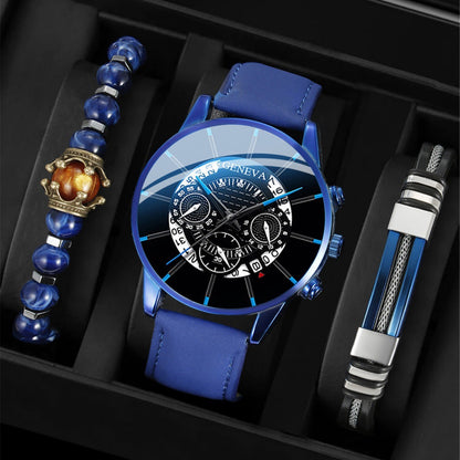 Men's Blue Quartz Watch and Bracelet Gift Set - Casual Business Leather Strap Wristwatch