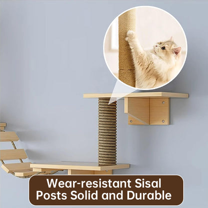 Wall Mounted Cat Climbing Shelf Set - Wooden Cat Condo, Bridges, Platforms & Scratching Post