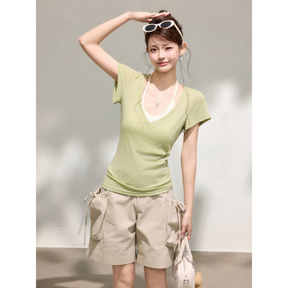 Women's Green V-Neck T-Shirt with U-Neck Halter Bralette Tank Top Set