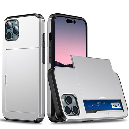 Sliding Card Holder Case for iPhone 14 13 12 Pro - Hidden Wallet Slot Anti-Drop Armor Cover
