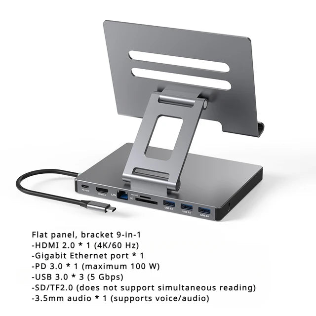 9-in-1 Type-C Docking Station - 4K/60Hz USB 3.0 Hub with Gigabit Ethernet & 360° Rotary iPad Holder Stand