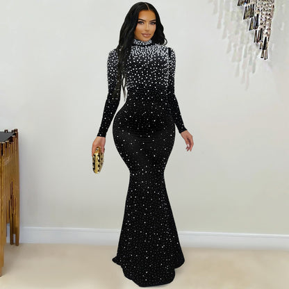 Sexy Black Mesh Rhinestone Mini Dress – Sparkling Long Sleeve Bodycon Party Outfit for Women