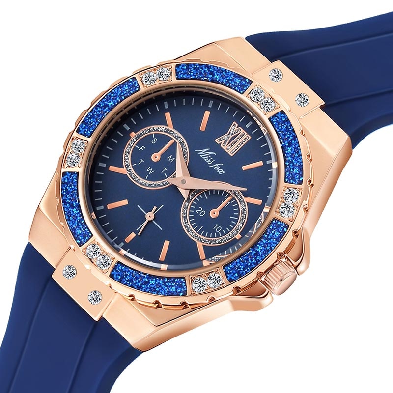 Elegant Ladies Diamond Quartz Wristwatch with Blue Rubber Band