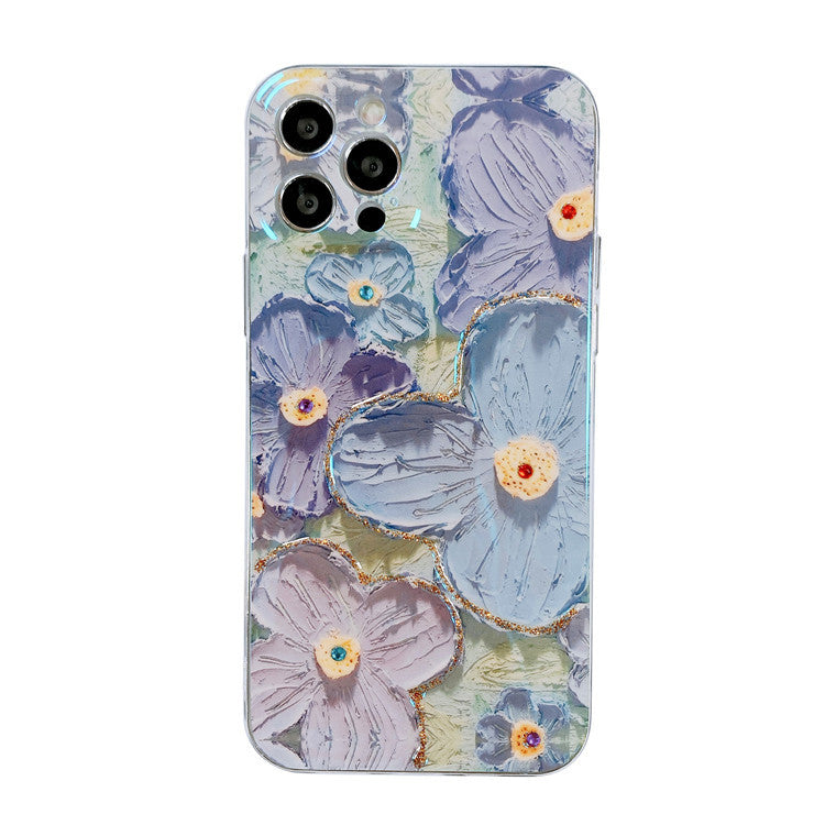 3D Oil Painting Purple Blue Floral Phone Case with Rhinestones for iPhone 16 15 14 13 Pro Max - Aesthetic Flower Cover