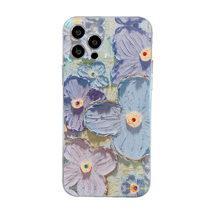 3D Oil Painting Purple Blue Floral Phone Case with Rhinestones for iPhone 16 15 14 13 Pro Max - Aesthetic Flower Cover