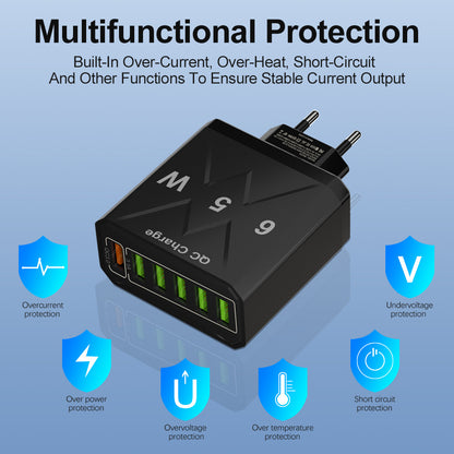 65W 6-Port Fast Wall Charger - Multi-Port USB Travel Charging Head Adapter