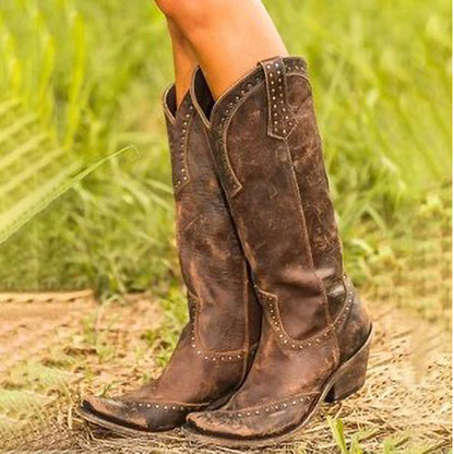 Women's Retro Long Boots with Rivets (Western Style)