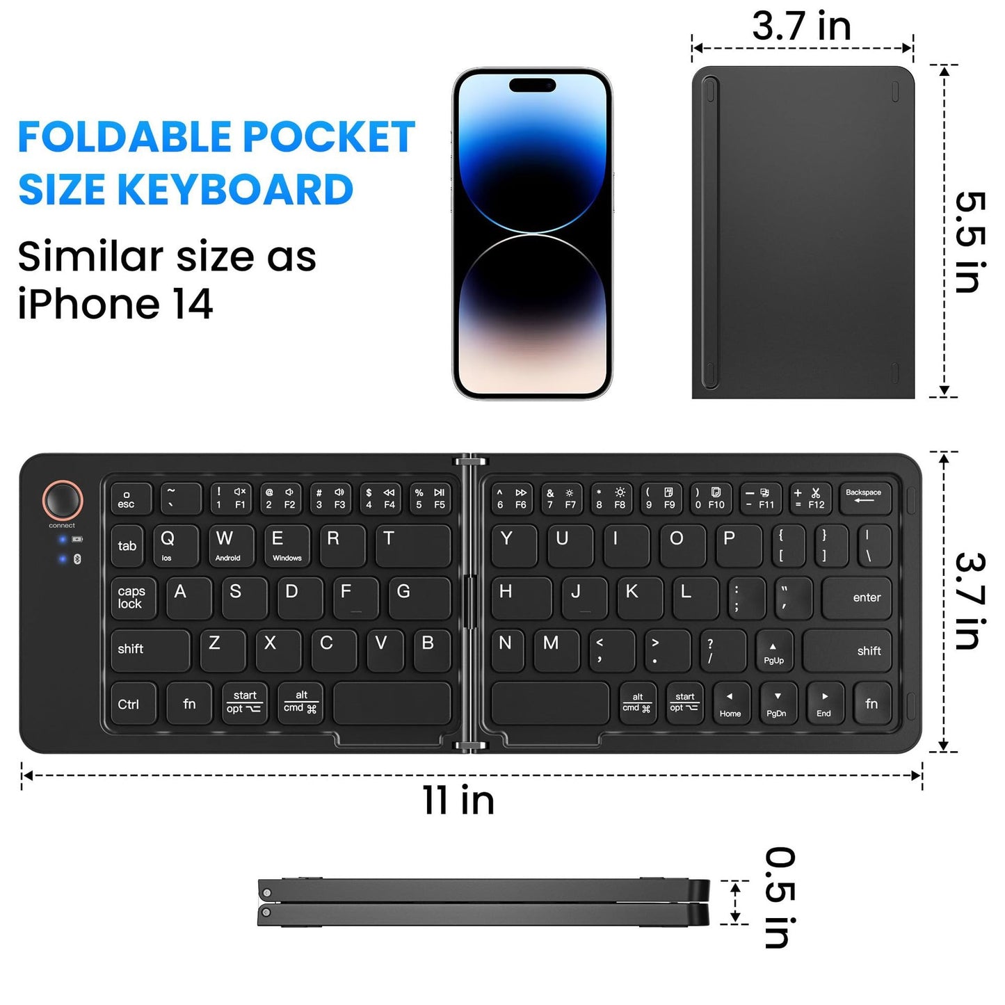 Ultra-Slim Folding Portable Bluetooth Keyboard - Dual-Mode Rechargeable Wireless Keyboard with One-Click Connection