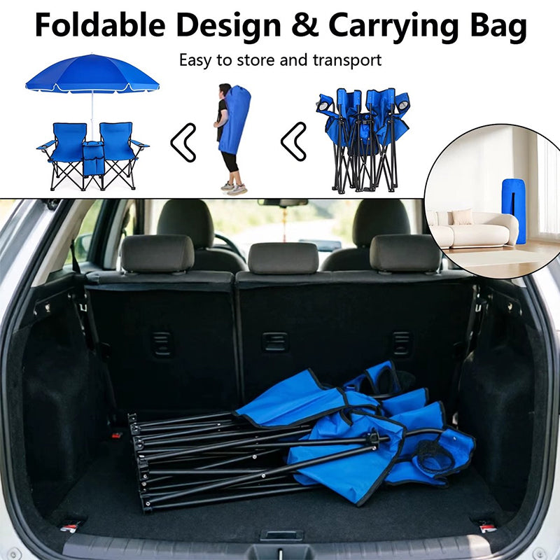 Double Camping Loveseat Chair with Umbrella - Folding Outdoor Beach Chair Set with Cooler & Side Table