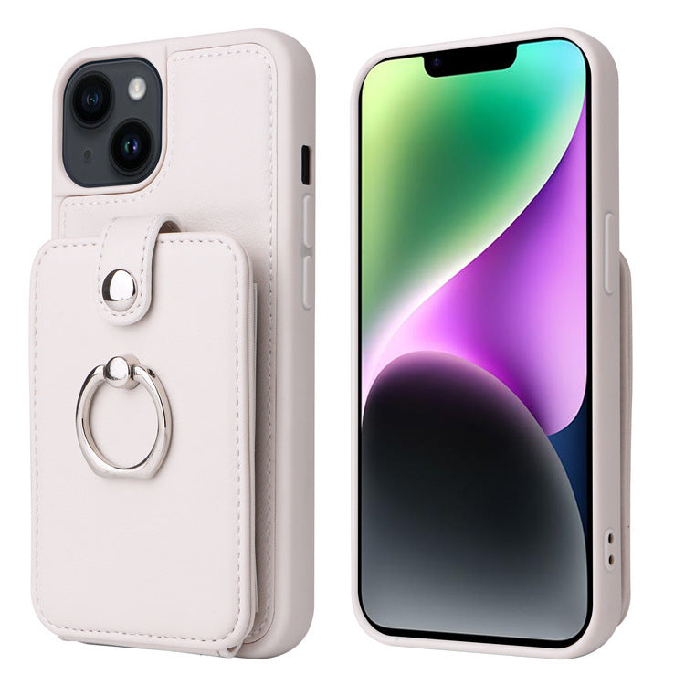 Multi Card Slot Leather Wallet Case with Metal Ring Stand - Shockproof Back Cover for iPhone