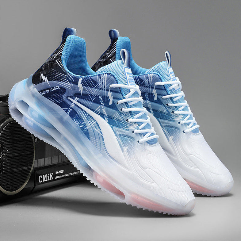 Blue and white sneakers with a transparent sole on a gray background