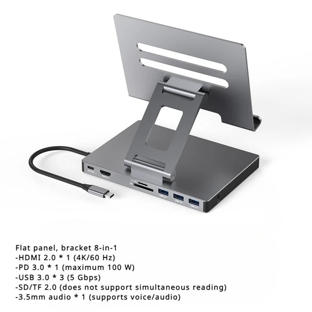 9-in-1 Type-C Docking Station - 4K/60Hz USB 3.0 Hub with Gigabit Ethernet & 360° Rotary iPad Holder Stand