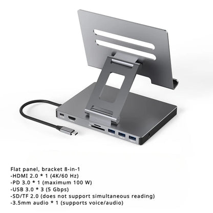9-in-1 Type-C Docking Station - 4K/60Hz USB 3.0 Hub with Gigabit Ethernet & 360° Rotary iPad Holder Stand