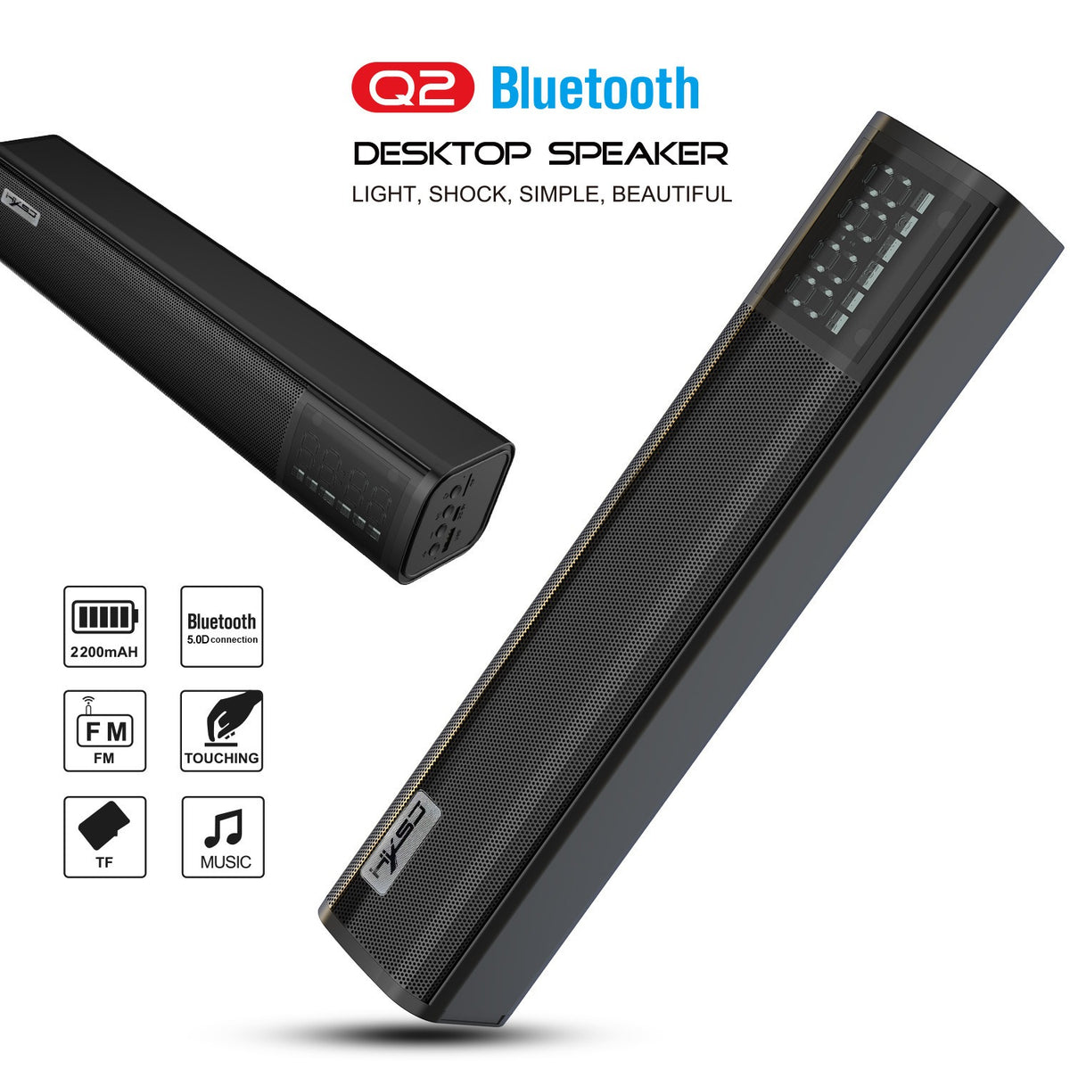 Q2 Bluetooth 5.0 Soundbar Speaker - 10W Wireless Desktop Loudspeaker with 2200mAh Battery