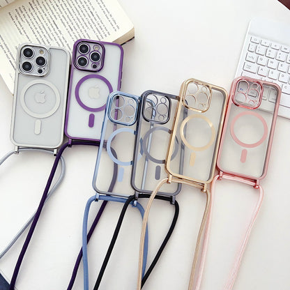 Electroplated Transparent Magnetic Lanyard Phone Case - Crossbody Shockproof Protective Cover for iPhone