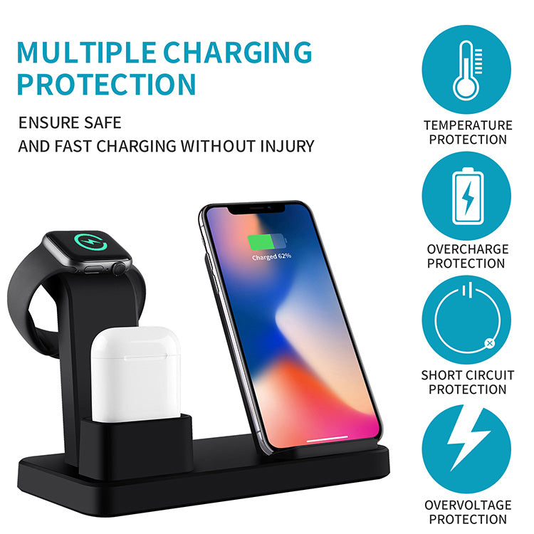3-in-1 Wireless Fast Charger Stand 10W - Desktop Storage Charging Station for iPhone, Apple Watch & AirPods