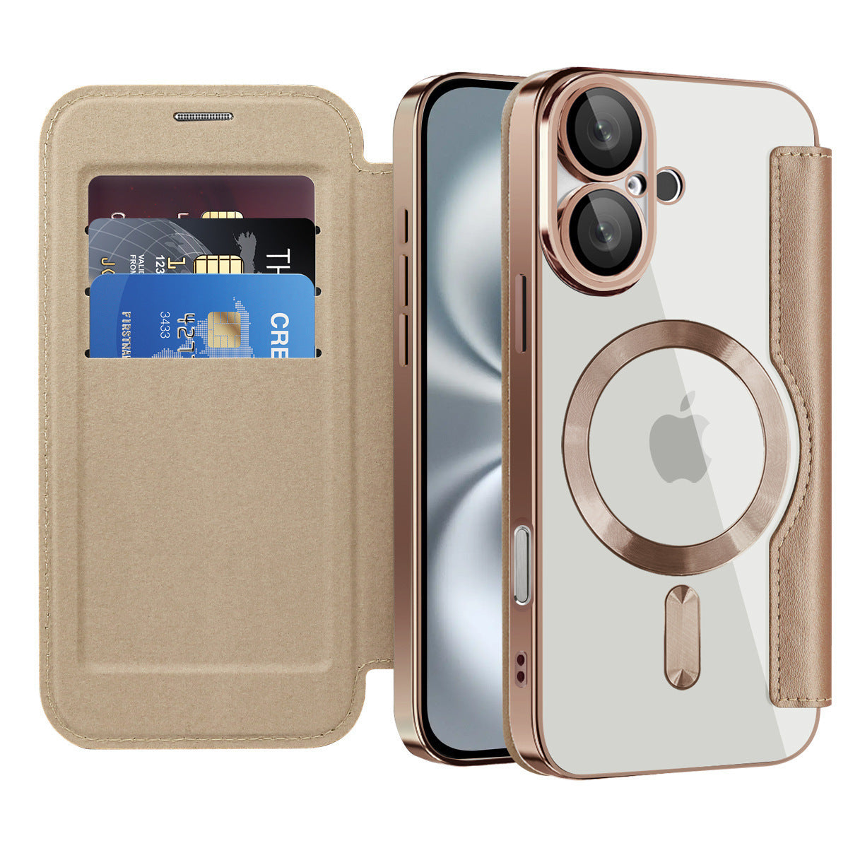 Electroplated Magnetic Leather Wallet Flip Case with Card Holder for iPhone 16 15 14 Pro Max - Clear Back Cover