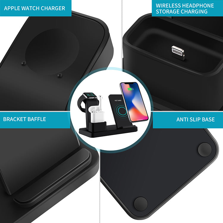 3-in-1 Wireless Fast Charger Stand 10W - Desktop Storage Charging Station for iPhone, Apple Watch & AirPods
