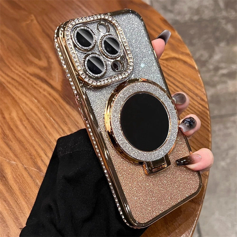 Glitter Makeup Mirror Ring Stand Case for iPhone 16 15 14 Pro Max - Magnetic Bling Diamond Back Cover