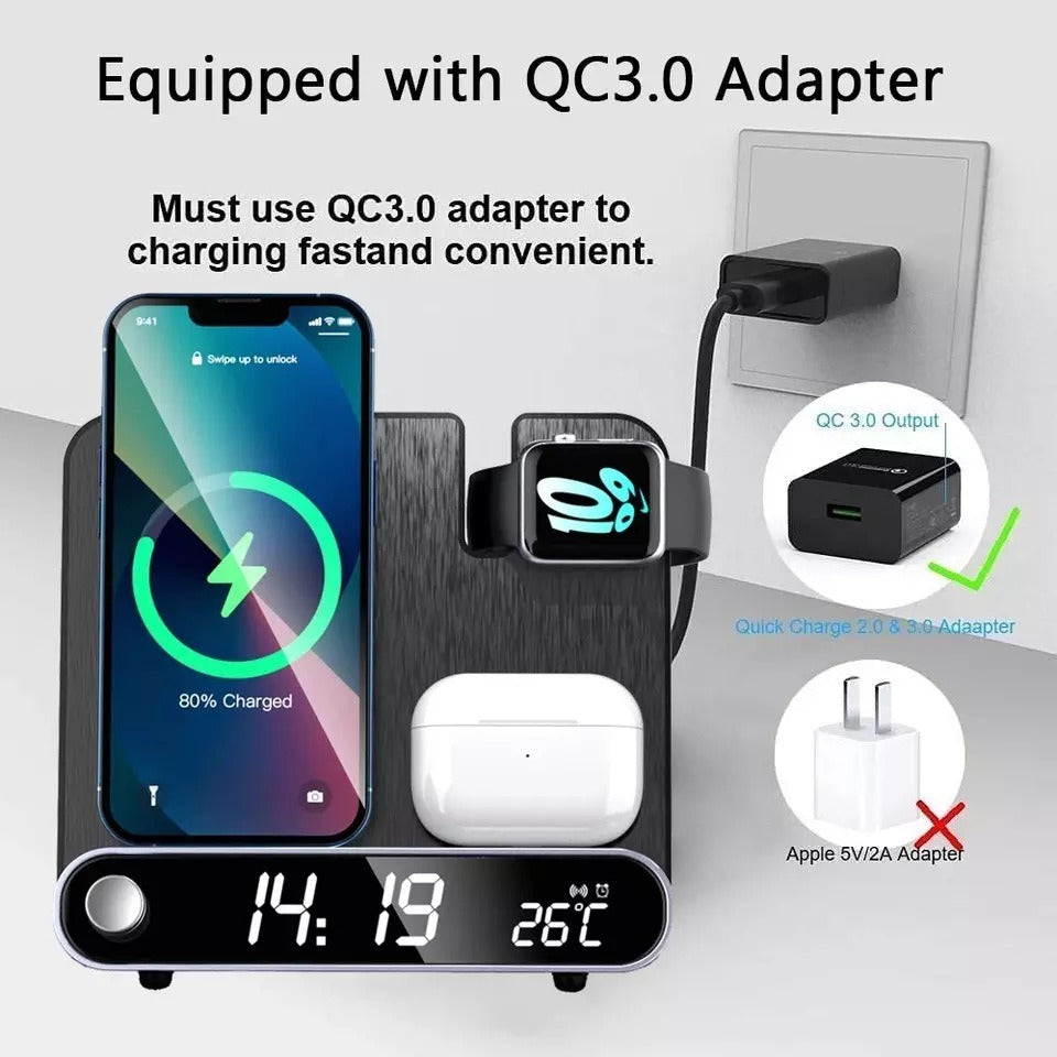 4-in-1 15W Fast Wireless Charging Station - Multifunctional Desk Clock with Phone, Watch & Earphone Charger