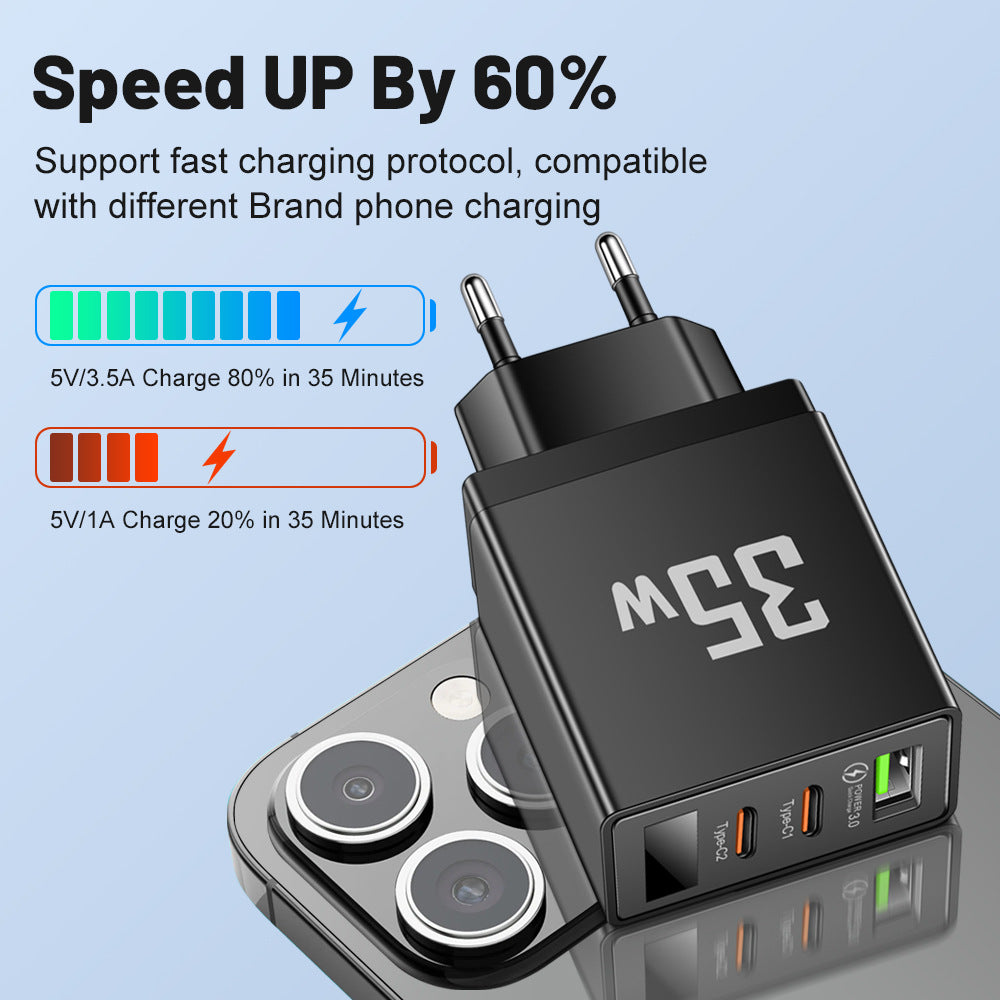 35W 3-Port Fast Wall Charger - 1 USB & 2 Type-C Intelligent Digital Display Power Adapter