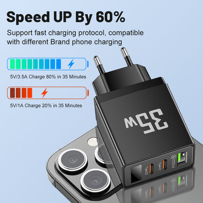 35W 3-Port Fast Wall Charger - 1 USB & 2 Type-C Intelligent Digital Display Power Adapter