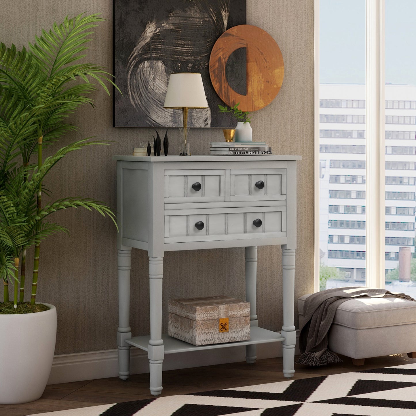 Narrow Console Desk/Sofa Table with Three Drawers (Grey Washed)