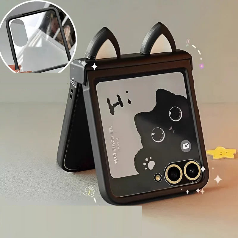 Cute 3D Cat Ears Folding Screen Case for Motorola Razr 50 40 Ultra / Xiaomi Mix Flip - Soft Protective Cover