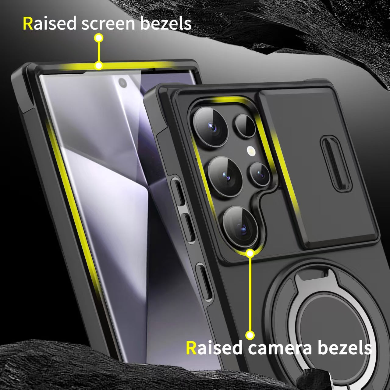 Samsung Galaxy Shockproof Armor Case - Rotating Ring Kickstand & Sliding Camera Lens Cover