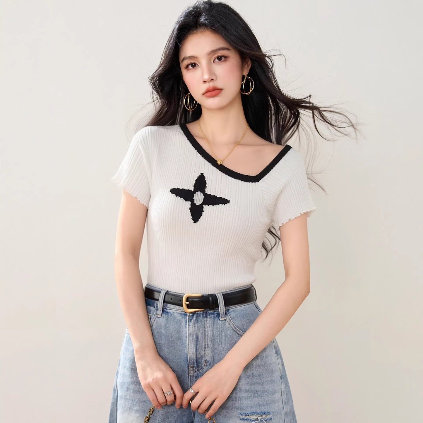 Cute Short Sleeve Asymmetrical Knit Top - Unique Summer Fashion Design Tee for Women
