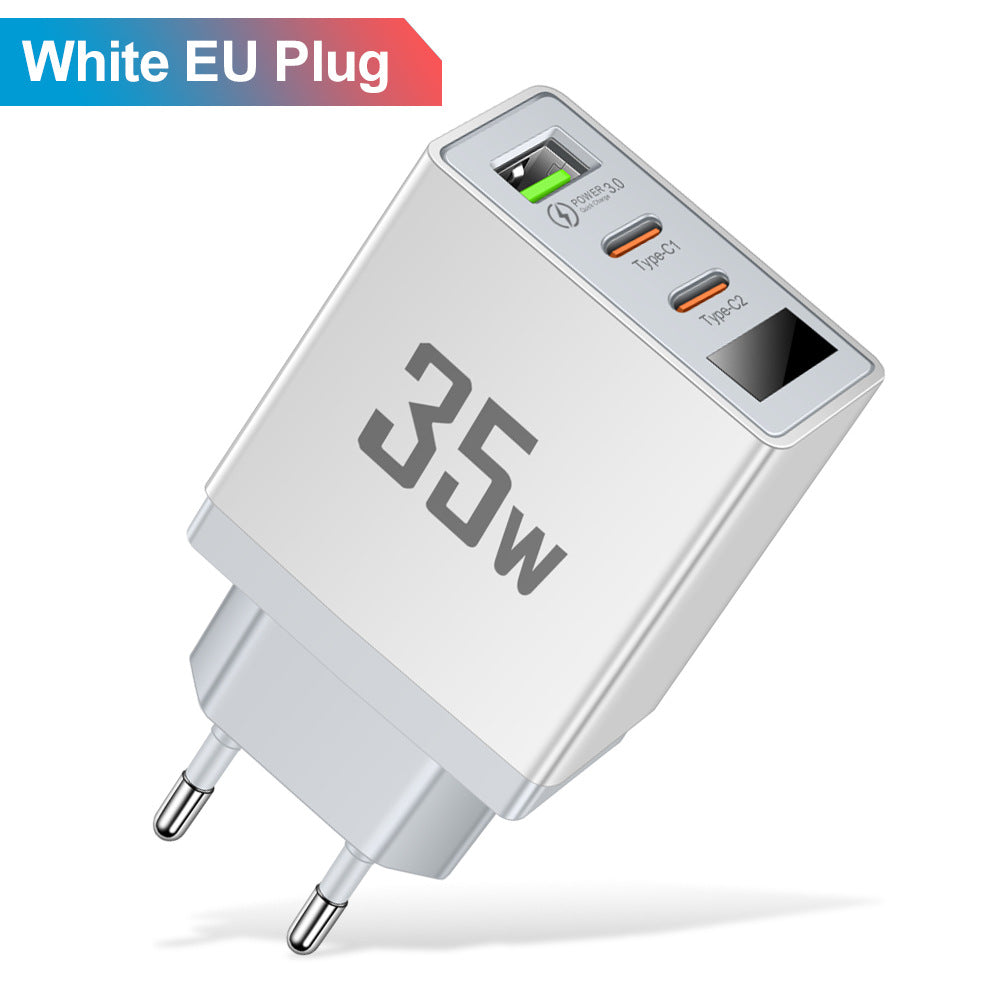 35W 3-Port Fast Wall Charger - 1 USB & 2 Type-C Intelligent Digital Display Power Adapter