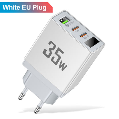 35W 3-Port Fast Wall Charger - 1 USB & 2 Type-C Intelligent Digital Display Power Adapter