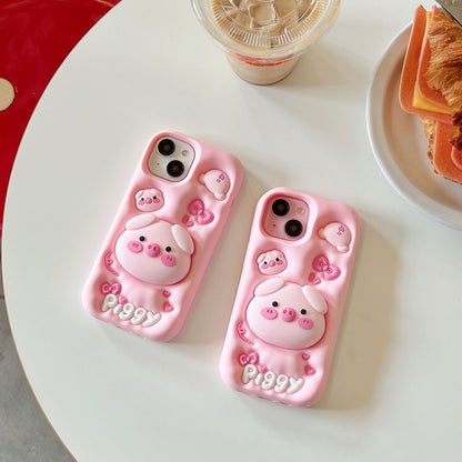Kawaii Pink Piggy Soft Silicone Phone Case with Stand - Cute Protective Cover for iPhone 16 15 Pro Max
