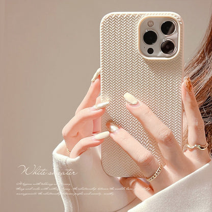 Aesthetic Minimalist Weaving Pattern Soft Silicone iPhone Case - Elegant Cream White Back Cover
