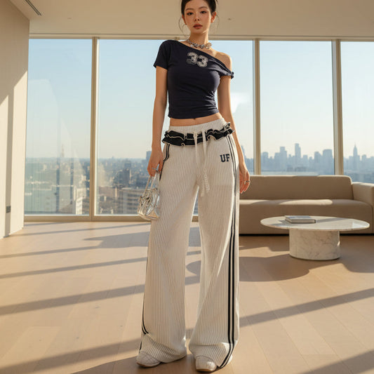 Women's Retro Striped Wide-Leg Track Pants - Loose Sporty Chic