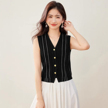 Women's Striped V-Neck Knit Waistcoat - Chic Sleeveless Outerwear Top