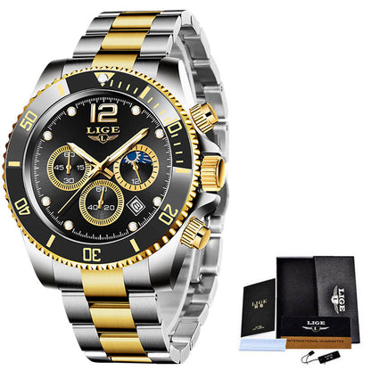 LIGE Luxury Men's Chronograph Quartz Watch - Waterproof Stainless Steel Sports Wristwatch