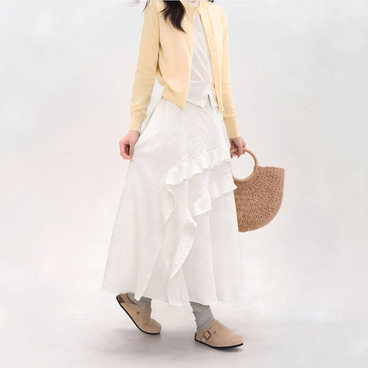 Women's High-Waist Slimming Tiered Midi Skirt - Asymmetric White Skirt