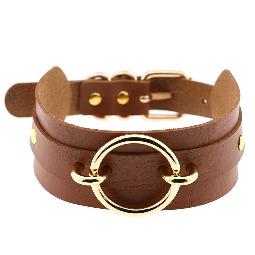 Punk PU Leather Choker Necklace with Oversized O-Ring Pendant | Multi-Color Collar Chain