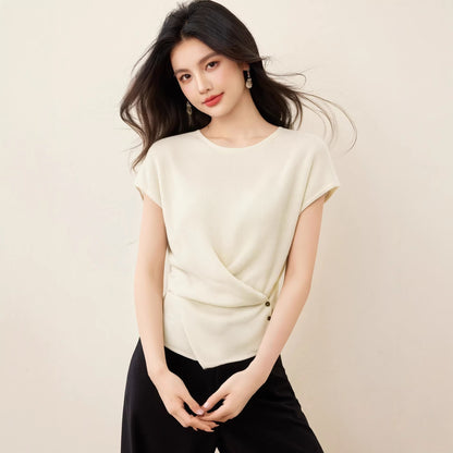 Women's Ice Silk Knitted T-Shirt - Short Sleeve Cross Wrap Crop Top