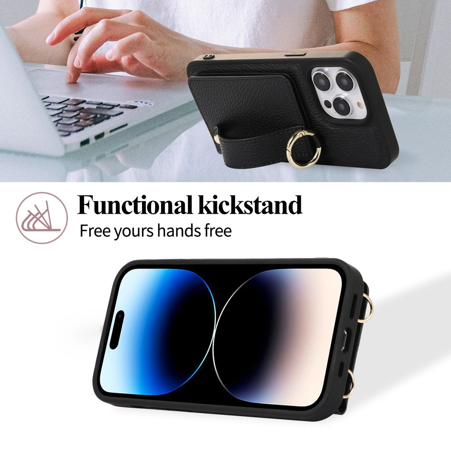Leather Card Holder Phone Case with Wrist Strap & Stand - Multifunctional Wallet Cover for iPhone